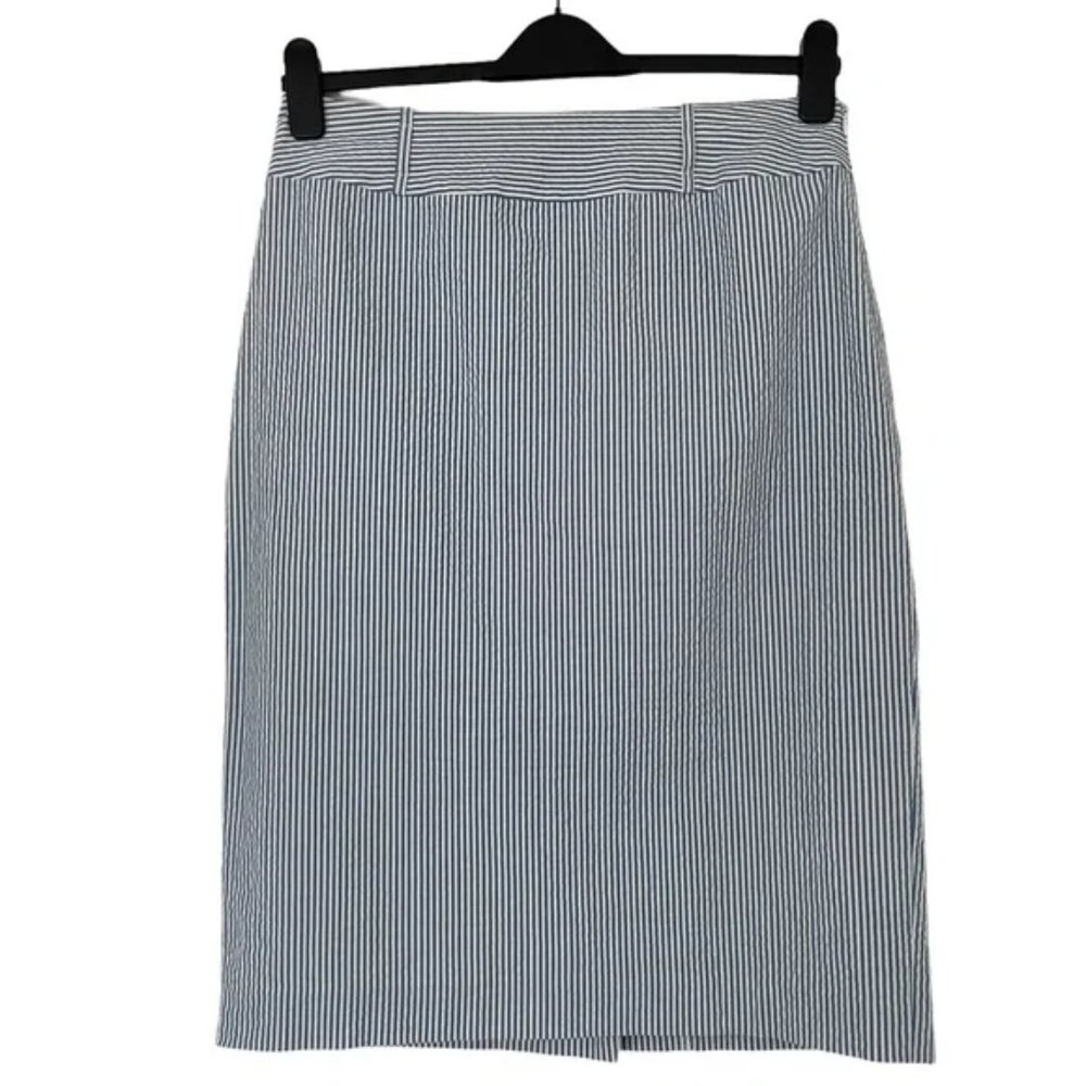 ANNE KLEIN BLUE/WHITE STRIPED SEERSUCKER STRETCH COTTON PENCIL SKIRT, SIZE 10